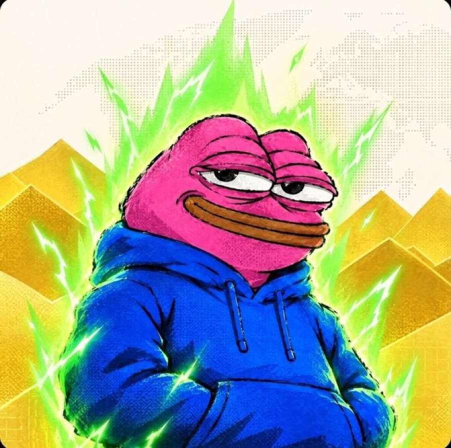 A pink Pepe in a blue hoodie with a green aura.