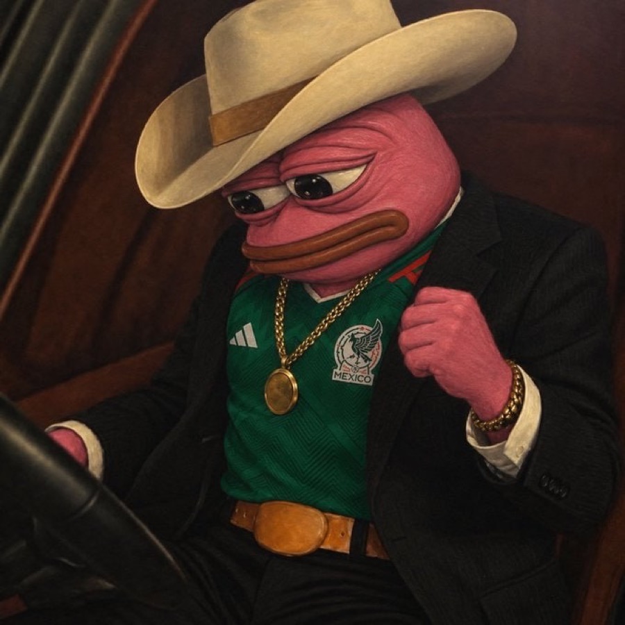 A pink Pepe in a cowboy hat and a football shirt.
