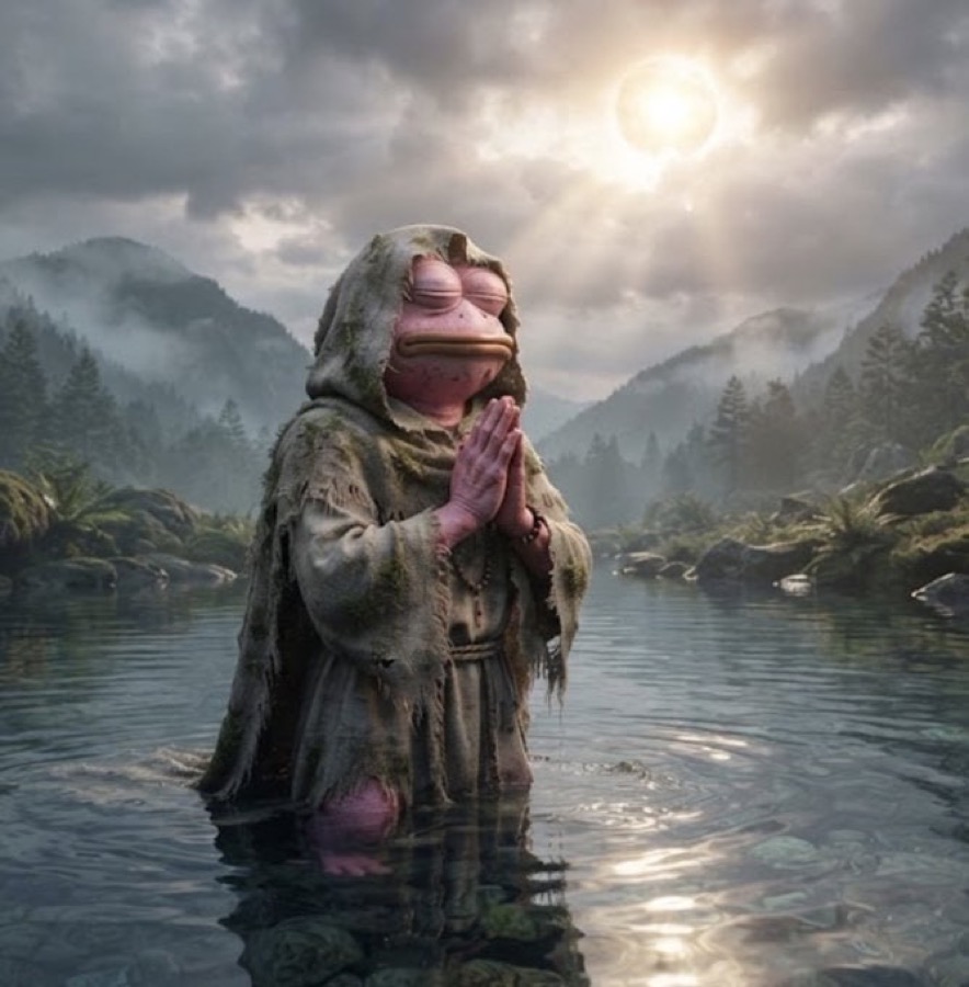 A pink Pepe in a monk's robe standing in a lake.