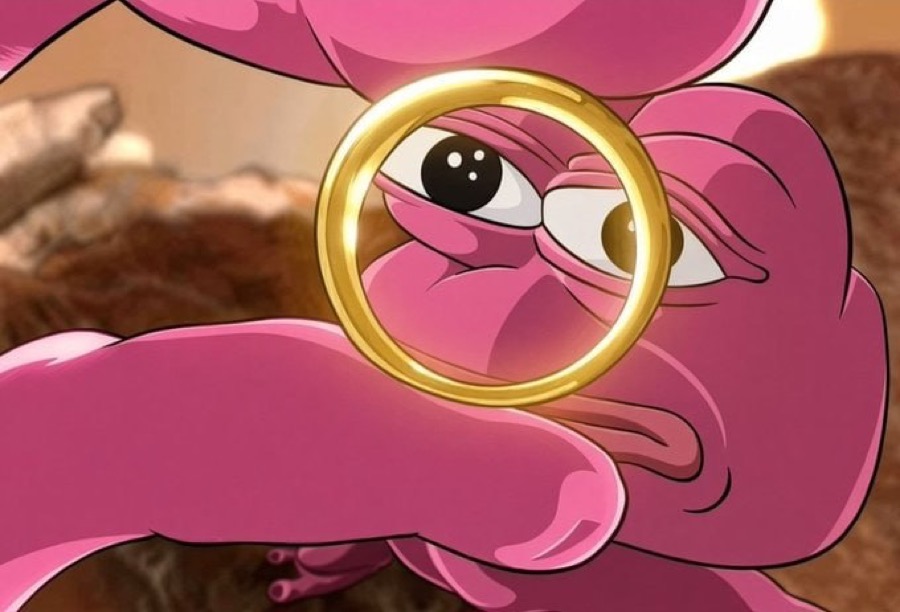 A pink Pepe looking through a gold ring.