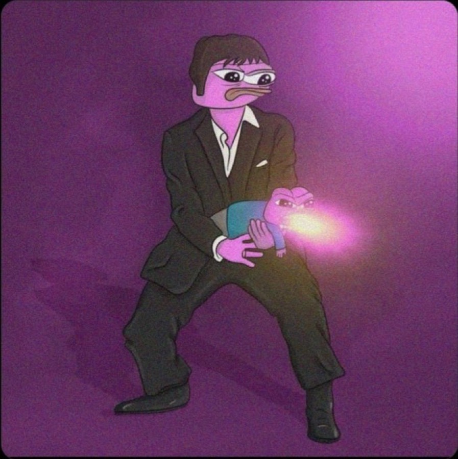 A pink Pepe in a suit holding a glowing smaller Pepe.
