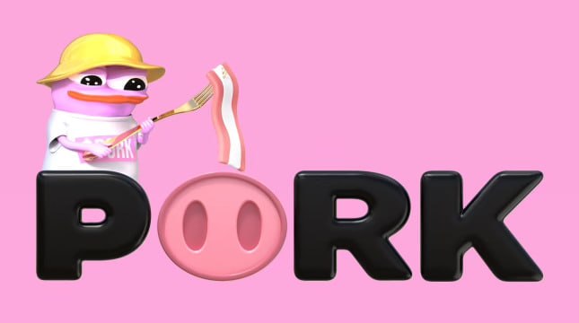 PORK — a pink Pepe holding a fork, beside the word PORK.